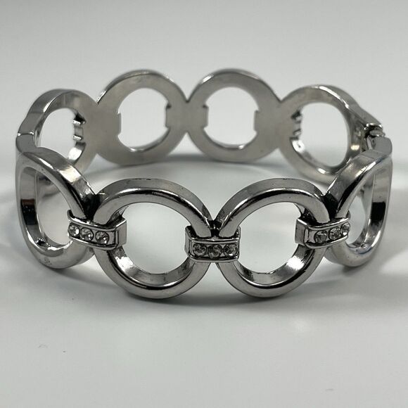 Silver Tone Metal White Glass Rhinestone Circle Clamper Hinged Bangle Bracelet - Picture 3 of 7